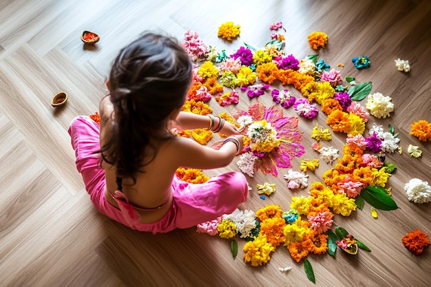 Photo a little girl is making rangoli diwali traditions