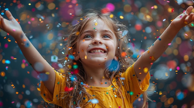 a little girl is playing with confetti in the air