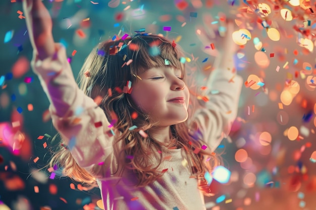 a little girl is playing with confetti in the air