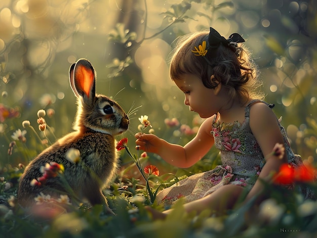 a little girl is playing with a rabbit in a garden