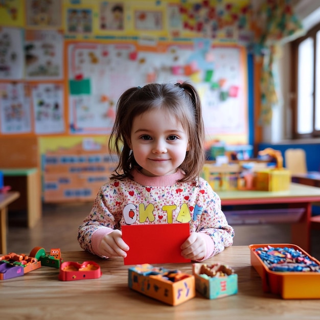 a little girl is playing with a red box with the word  on it