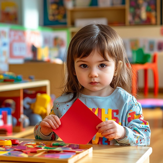 a little girl is playing with a red triangle and a red triangle