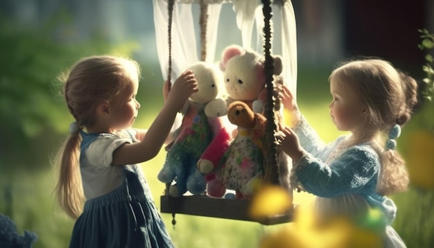 Photo a little girl is playing with a stuffed animal and the doll is holding a stuffed animal