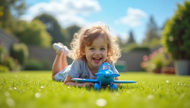 Photo a little girl is playing with a toy airplane on the grass