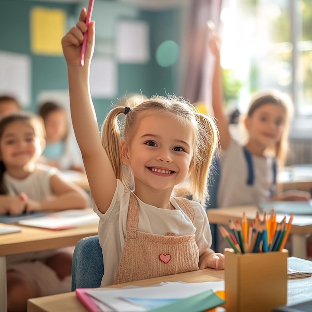 Photo a little girl is raising her hand in a classroom with other children