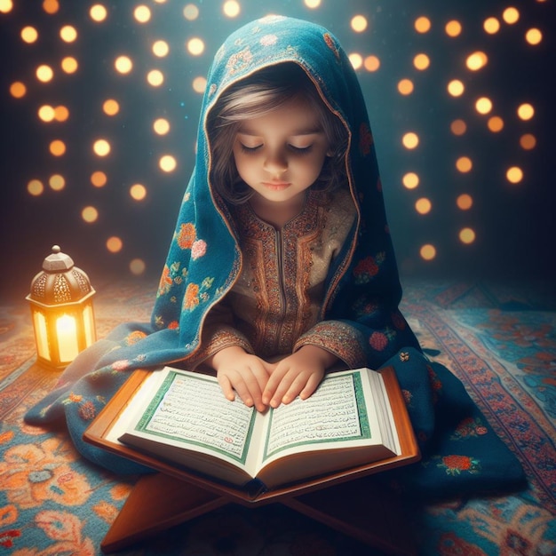 a little girl is reading a book with a lantern in the background