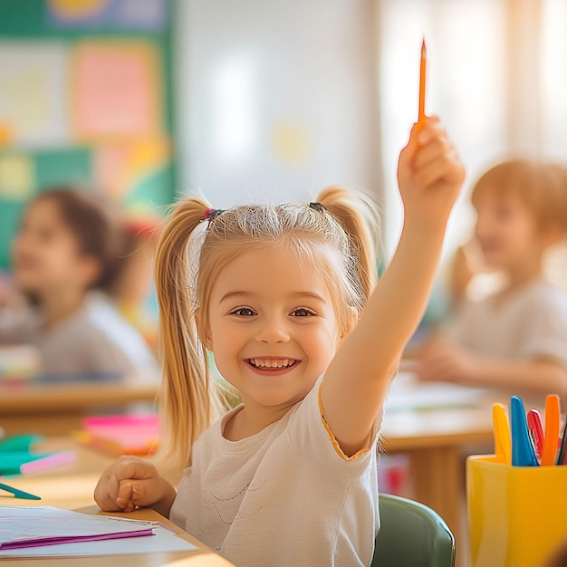 a little girl is sitting in a classroom with other children in the background