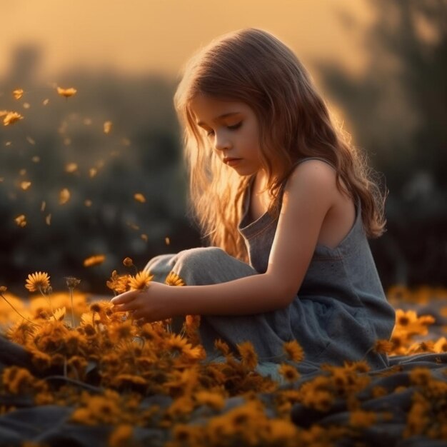 a little girl is sitting in a field of flowers and is surrounded by butterflies