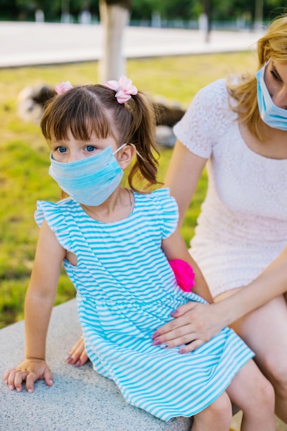 A little girl is sitting in a medical mask in the open airProtection against viruses and allergens