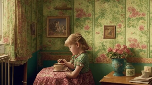 a little girl is sitting on a table with a pot and a flower on it