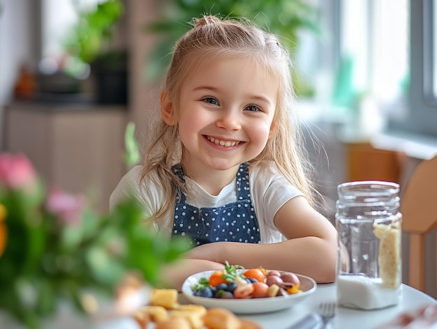 a little girl is sitting at a table with some healthy food ai generated