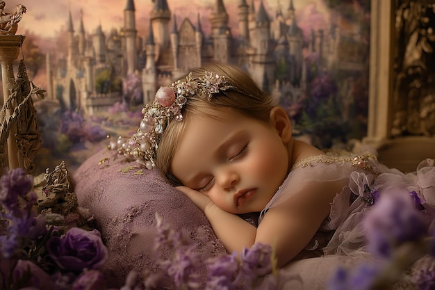 a little girl is sleeping in a bed with a castle in the background