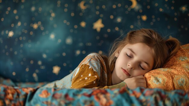 a little girl is sleeping on a bed