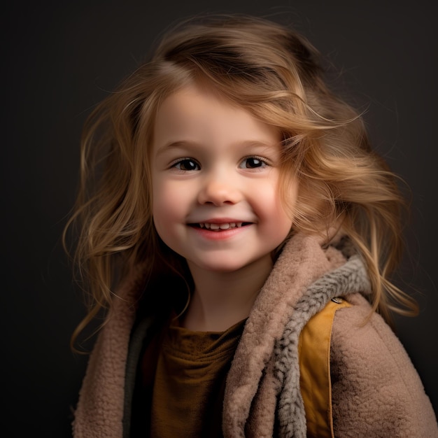 a little girl is smiling in front of a black background