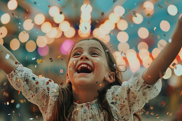 a little girl is smiling and holding confetti in her hands