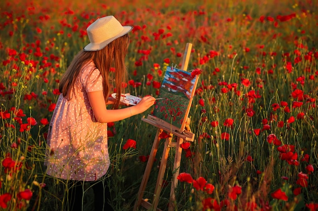 Little girl is standing in the field of red poppies On the Sunset and painting on the canvas placed on a drawing stand