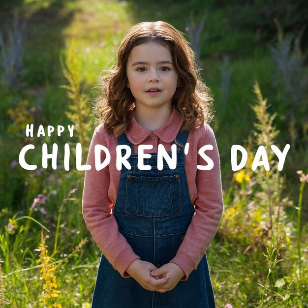 a little girl is standing in a field and says childrens day