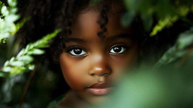 A little girl is standing in front of a bush with green leaves