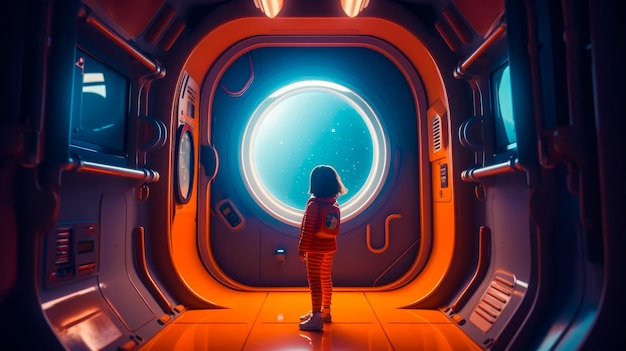 Little girl is standing in space station Generative AI