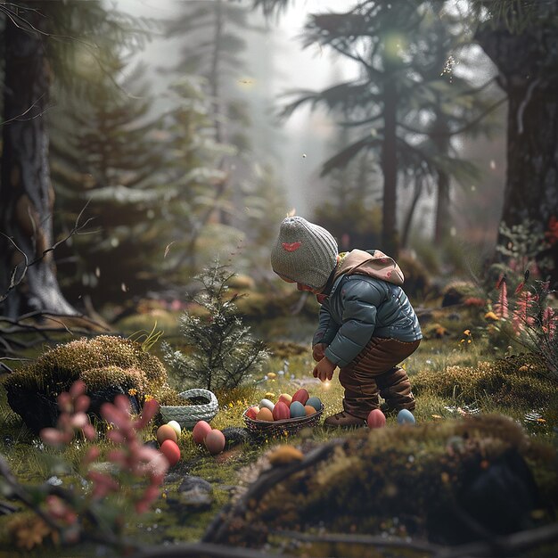 a little girl is walking in a forest with easter eggs