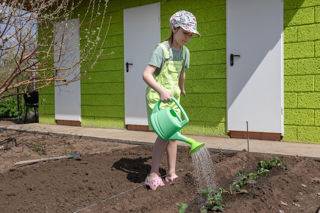 Little girl is watering seedlings from green