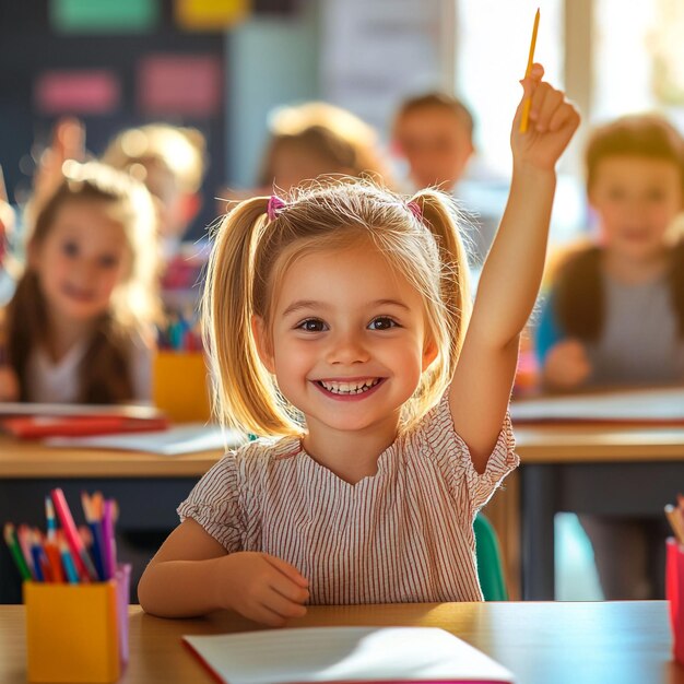 a little girl is waving at a group of children