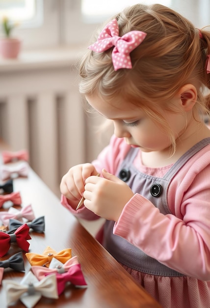 Photo a little girl is working on a sewing machine and is wearing a pink shirt