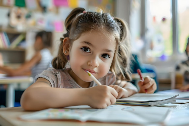 Photo little girl is writing on paper in a class room