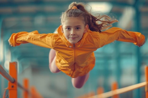 Little girl jogging in a stadium across hurdles Generative Ai