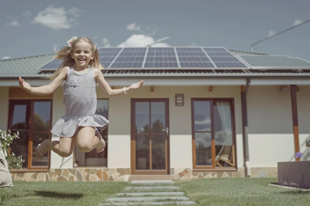 Little Girl Joyfully Leaping in Front of a Modern Home