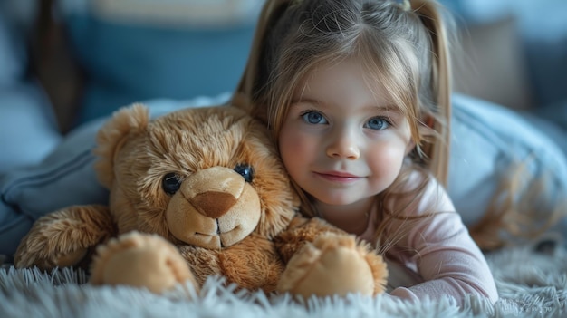 Little Girl Laying on Bed With Teddy Bear