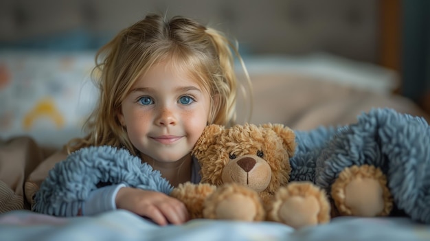 Little Girl Laying in Bed With Teddy Bear