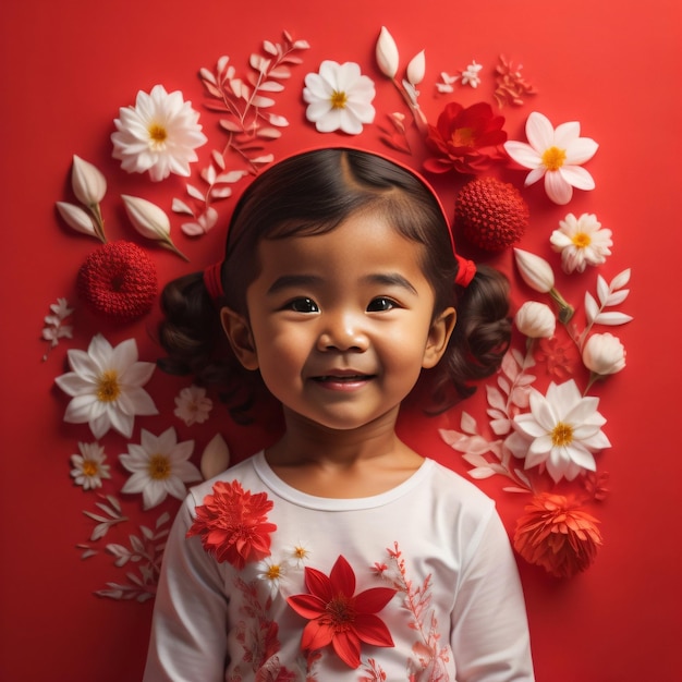 A little girl laying on a red background with flowers and leaves around her