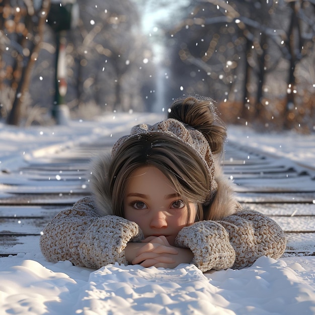 Photo little girl lies in a snowdrift on her stomach near a village road and looks forward