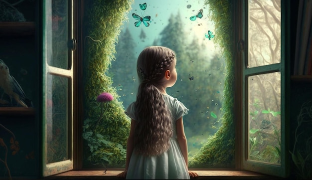 Little girl look at the fatasy forest from behind the big window 3d render illustration image