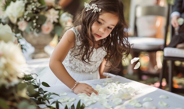 Photo a little girl looking at flowers in her hair