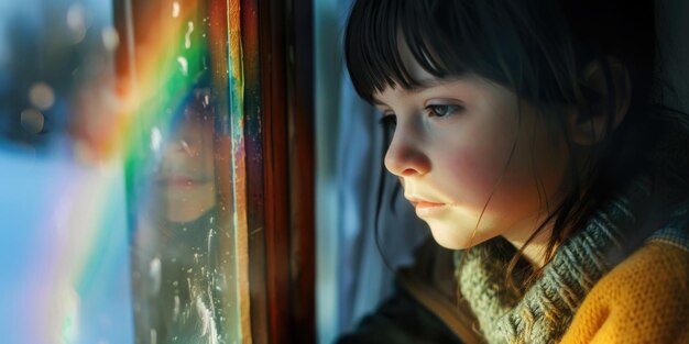 A little girl looking out a window at a rainbow