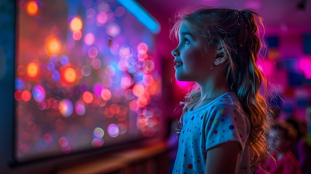 a little girl looking out a window with a christmas tree in the background