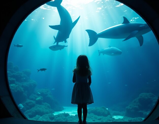 Photo a little girl looking at sharks and sharks in an aquarium