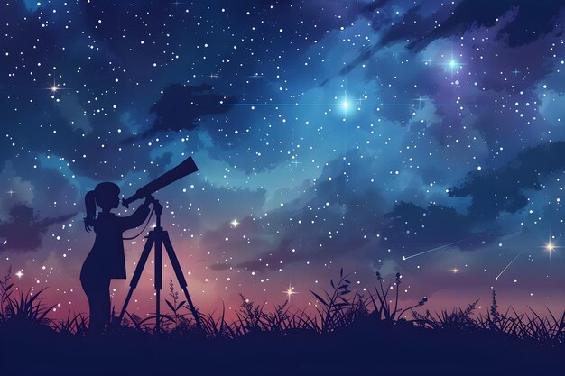 Photo little girl looking at the stars through a telescope