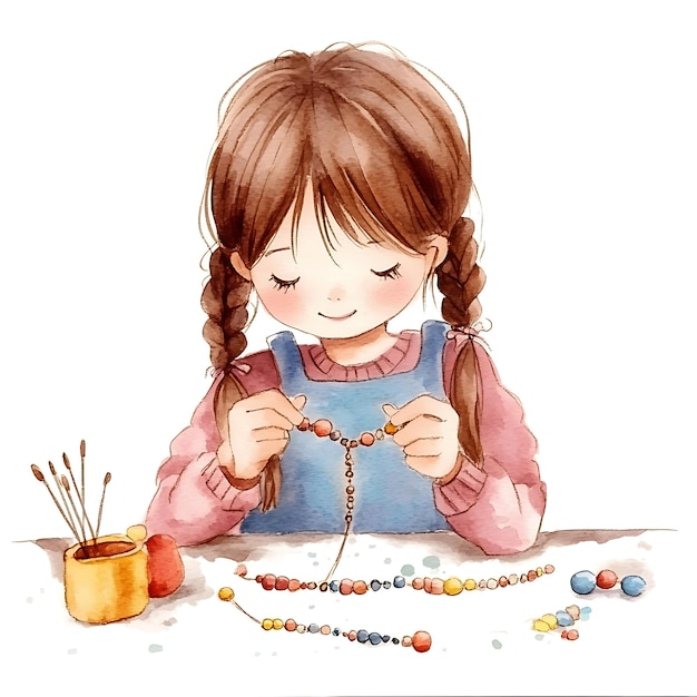 Photo little girl making a beaded necklace watercolor illustration