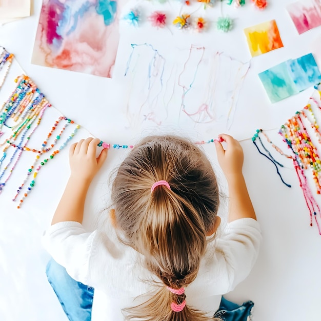 Little girl making colorful beaded garland