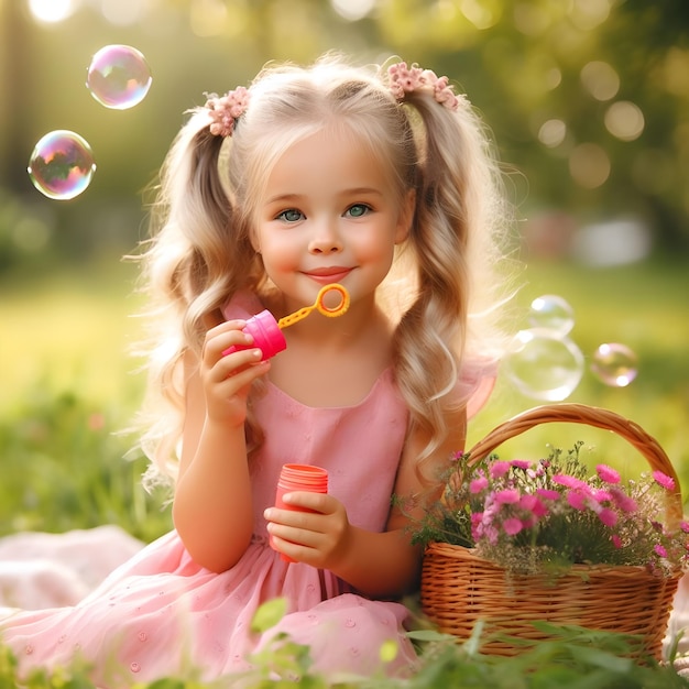 A little girl making soap bubbles