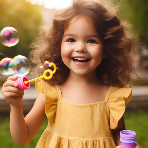 A little girl making soap bubbles