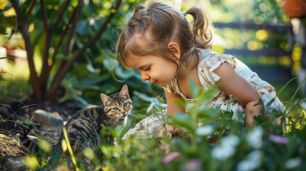 Photo little girl meeting a kitten in the garden