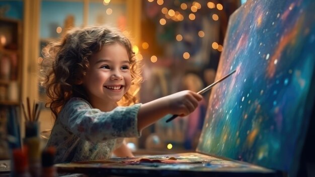 Little girl painter sits at table and draws picture on canvas in art studio multicolored sparkles and bokeh background happy attractive girl artist paints masterpiece picture generative AI