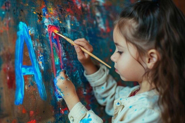 Photo little girl painting colorful images on a white wall in a bright room