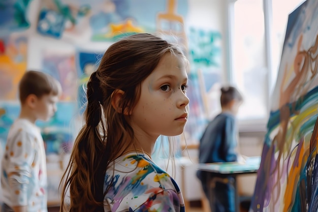 little girl on painting lesson in school with blurred boys on background