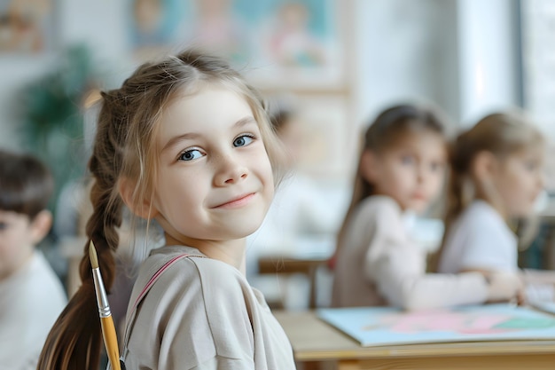 little girl on painting lesson in school with blurred boys on background