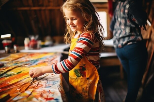 Little girl painting with colorful hands creative messy playtime with vibrant paints